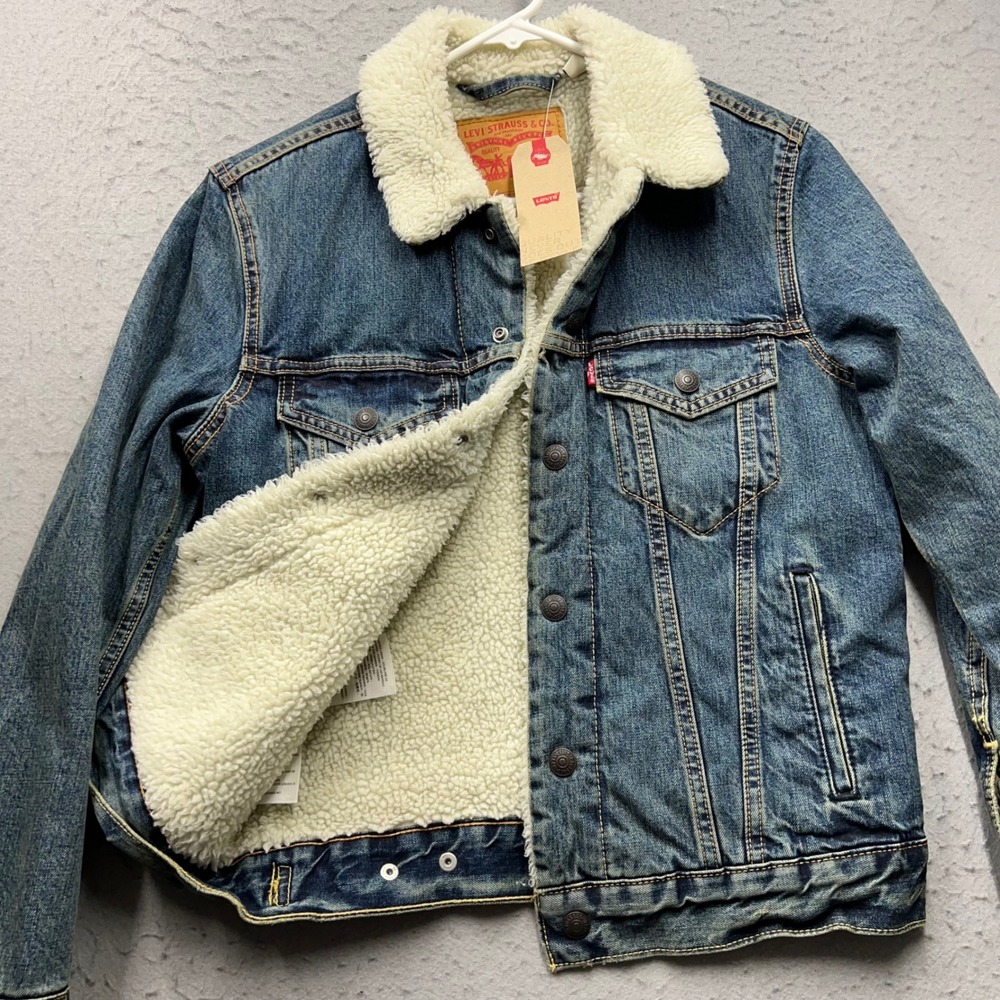 Levis Sherpa Lined Denim Trucker Jacket Blue Faux Fur XS 16365-0041 NEW